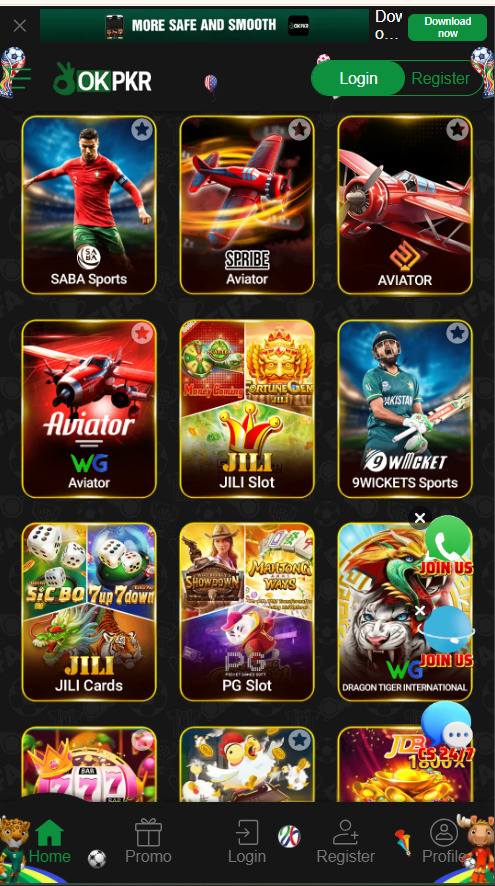 OKPKR Game library showing Aviator, JILI Slots, 9Wickets cricket betting and 50+ titles