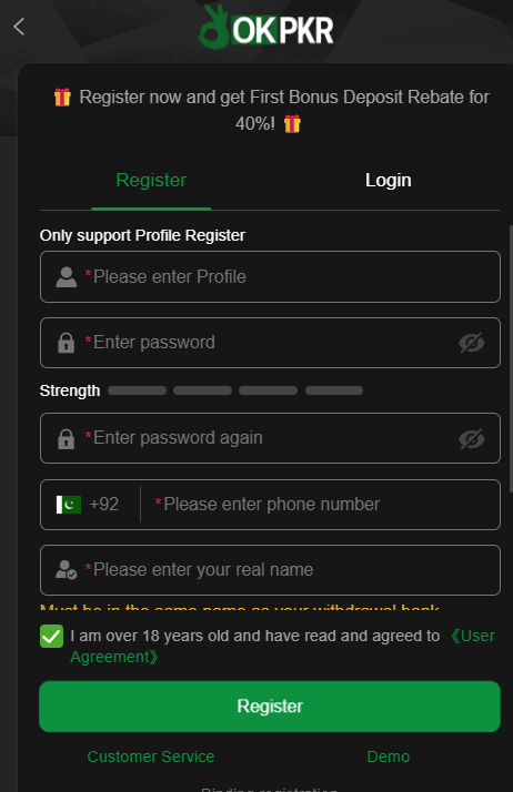 OKPKR Game login and registration page showing Pakistan +92 phone number field and register button