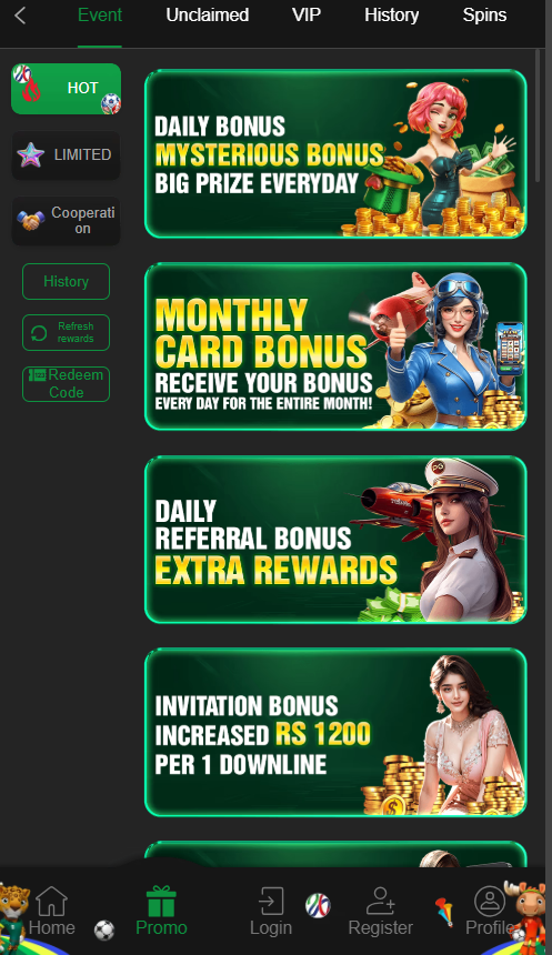 OKPKR promotions page showing Daily Mysterious Bonus, Monthly Card Bonus, Referral Bonus and Invitation Bonus RS 1200